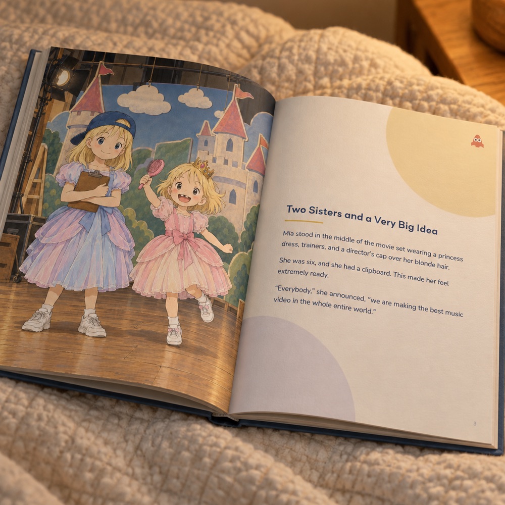 A finished Little Night Stories hardcover lying open on a bed under a lamp